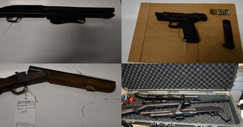 <who> Photo Credit: Penticton RCMP </who> Police shared a picture of some of the weapons that were seized through the search warrant.