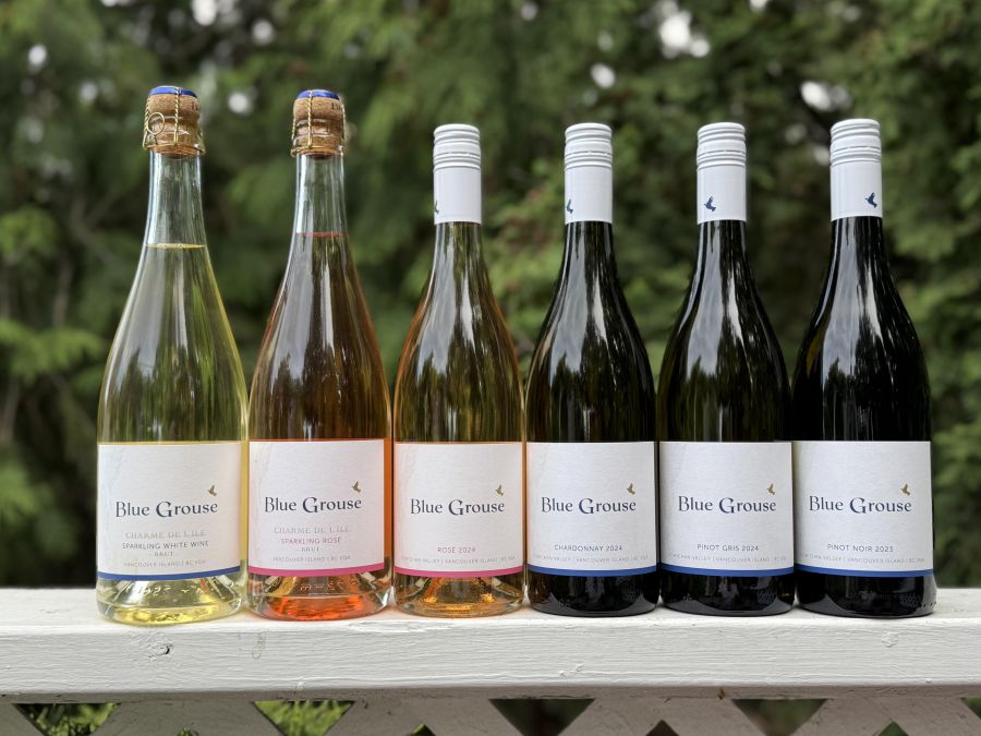 </who>From Blue Grouse Winery on Vancouver Island, from left, Charme de l'ile Sparkling White ($30), Charme de L'ile Sparkling Rose ($30), 2024 Rose ($30), 2024 Chardonnay ($33), 2024 Pinot Gris ($29) and 2023 Pinot Noir ($40).