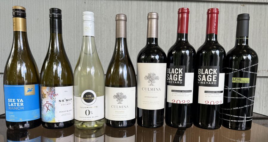 <who>Photo credit: Steve MacNaull/NowMedia Group</who>Try these wines during Come Over October. From left, See La Later Ranch 2024 Luna ($19), Nk'Mip 2024 Pinot Blanc ($19), Kim Crawford 0% Illuminate Sauvignon Blanc ($21), Culmina 2023 Dilemma Chardonnay ($35), Culmina 2018 Hypothesis ($42), Black Sage 2022 Cabernet Sauvignon ($33), Black Sage 2022 Cabernet Franc ($33) and Laughing Stock 2022 Portfolio ($53).