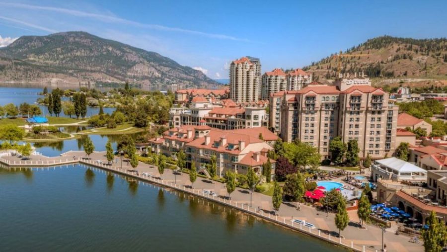 <who>Photo credit: Marriott</who>The Delta Grand Okanagan Resort's 10-storey twin towers are located on a lagoon off Okanagan Lake in downtown Kelowna.