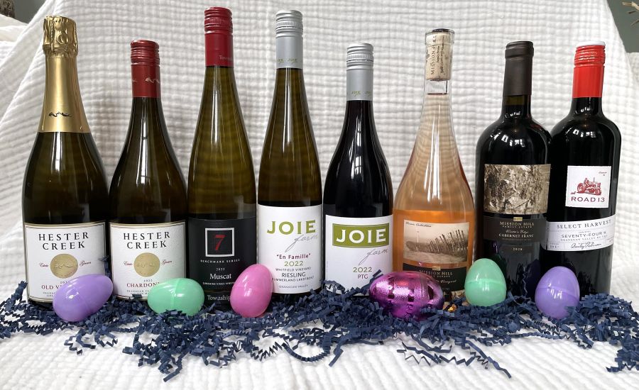 <who>Photo credit: NowMedia Group</who>Any and all of these wines will be welcome at the Easter table. From left, Hester Creek 2020 Old Vine Brut ($35), Hester Creek 2022 Chardonnay ($25), Township 7 Benchmark Series 2022 Muscat (wine club exclusive), Joie Farm En Famille 2022 Riesling ($30), Joie Farm 2022 PTG ($33), Mission Hill 2022 Terroir Collection Border Vista Vineyard Rose ($38), Mission Hill 2020 Terroir Collection Vista's Edge Vineyard Cabernet Franc ($60) and Road 12 2021 Select Harvest Seventy-Four K ($26).
