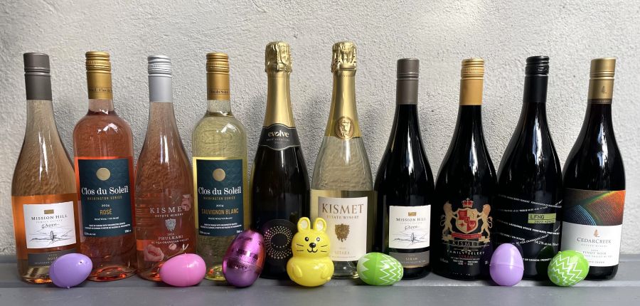 <who>Photo credit: Steve MacNaull/NowMedia Group</who>Easter wines, from left, Mission Hill 2023 Reserve Rose ($26), Clos du Soleil 2024 Washington Series Rose ($27), Kismet 2024 Phulkari Rose ($27), Clos de Soleil 2024 Washington Series Sauvignon Blanc ($26), Evolve 2020 Brut Premiere ($44), Kismet 2024 Sitara ($25), Mission Hill Reserve 2021 Syrah ($37), Kismet 2021 Family Select Syrah ($34), Laughing Stock 2022 Pinot Noir ($40) and CedarCreek 2022 Estate Pinot Noir ($31).