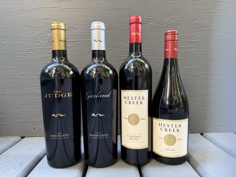 </who>The 'Epic 22' reds from the 2022 vintage by Hester Creek Estate Winery in Oliver. From left, The Judge ($50), Garland ($65), Old Vine Cabernet Franc ($30) and Syrah ($30).