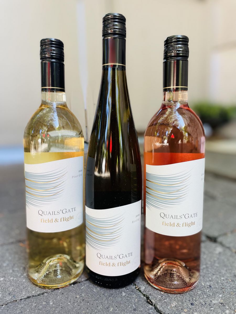 </who>Quails' Gate's Field & Flight wines are made from grapes grown in California, Washington state and Ontario. From left, 2024 Rose ($20), 2024 Riesling ($20) and 2024 Pinot Gris ($20).