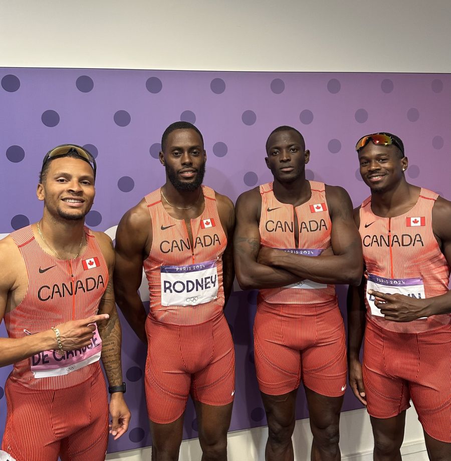 <who> Photo Credit: Athletics Canada</who> (L-R) Andre De Grasse, Brendon Rodney, Jerome Blake and Aaron Brown