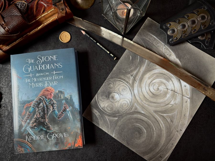 <who>Photo Credit: Kindrie Grove></who> Proof copy of the book with original illustration 'Ancient Gift,' found on the inner title page.