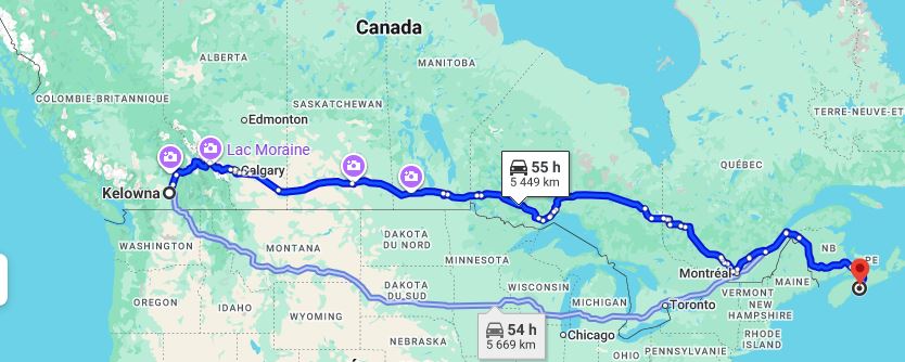 <who>Google Maps</who>It's 5,449 kilometres -- and a 56-hour drive -- from Kelowna to Halifax.