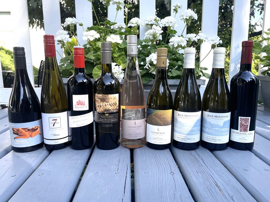 <who>Photo credit: Steve MacNaull/NowMedia Group</who>Your Labour Day long weekend options, from left, Tantalus 2022 Cabernet Franc ($32), Township 7 2023 7 Blanc ($25), Road 13 Select Harvest Seventy-Four K 2021 ($26), Mission Hill 2022 Jagged Rock Sauvignon Blanc-Semillon ($42), CedarCreek Kelowna South Slopes Platinum Pinot Noir Rose ($42), CedarCreek 2022 Estate Pinot Gris ($25), Blue Mountain 2023 Sauvignon Blanc ($26), Blue Mountain 2023 Pinot Blanc ($26) and Burrowing Owl 2020 Meritage ($53).
