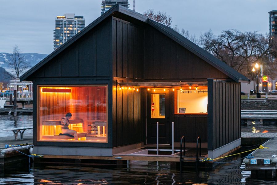 <who>Photo credit: Peyton Moore Photography</who>Loyly floating sauna and plunge pool is attached to the dock at Downtown Kelowna Marina.