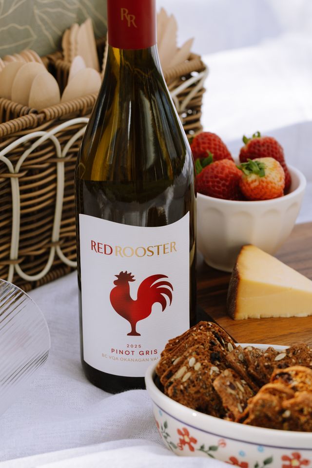 <who>Photo credit: Spencer Borgeson</who>Red Rooster Winery on the Naramata Bench has gone back to having the red rooster on the label. Pictured here is the 2025 Pinot Gris ($24).