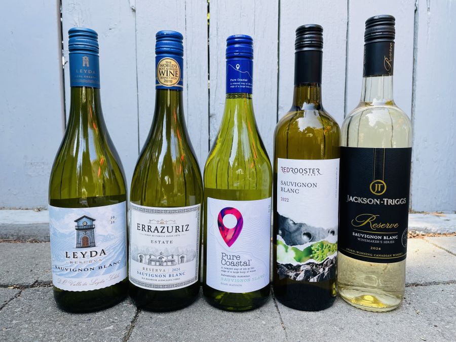 </who>Five more, from left, Leyda Reserva 2023 Sauvignon Blanc ($13.50), Errazuriz Reserva 2024 Sauvignon Blanc ($13), Pure Coastal 2023 Sauvignon Blanc ($16), Red Rooster 2022 Sauvignon Blanc ($20) and Jackson-Triggs Reserve 2024 Sauvignon Blanc ($18).