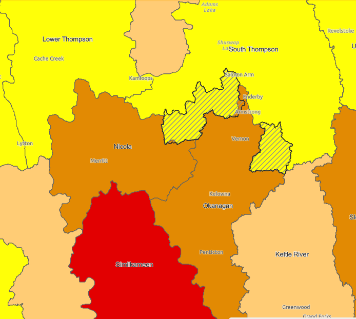 <who> Photo Credit: BC Drought Portal </who> Yellow indicates drought level two, orange indicates drought level three and red indicates level four.