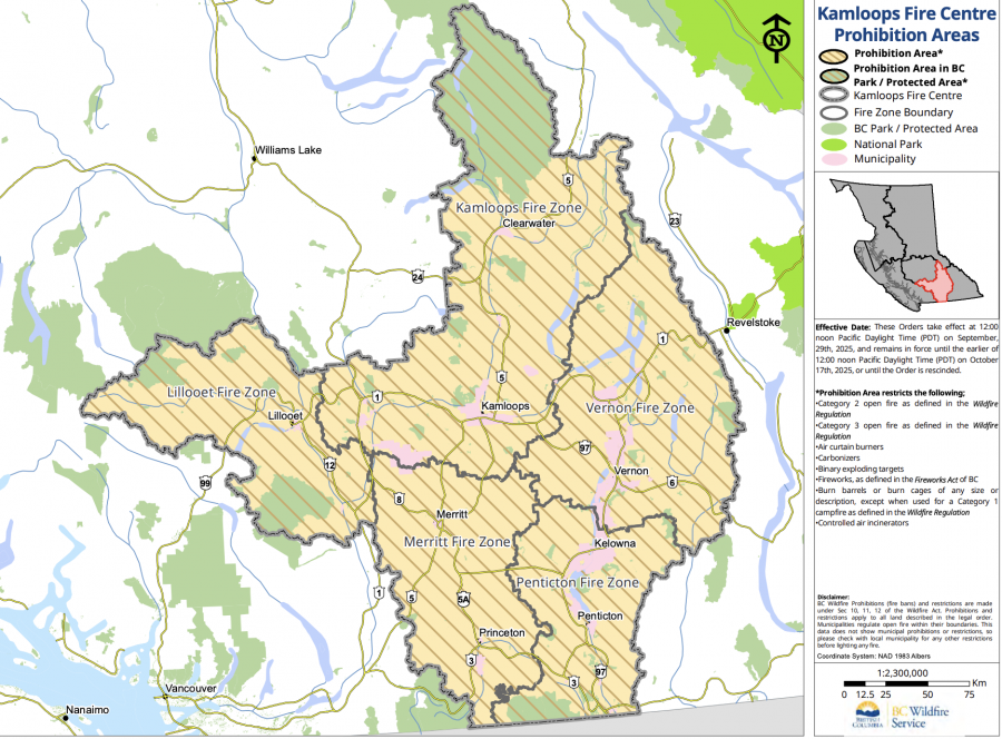<who> Photo Credit: BCWS </who> A map of the Kamloops Fire Centre