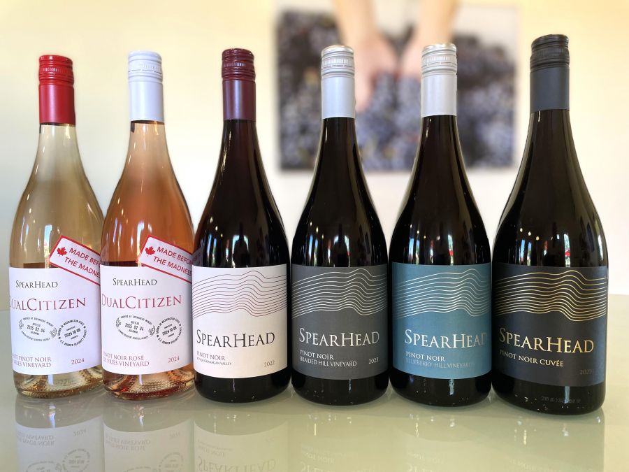 </who> The current line up of SpearHead Pinot Noirs, from left, Dual Citizen 2024 White Pinot Noir ($29), Dual Citizen 2024 Pinot Noir Rose ($27), 2022 Okanagan Valley ($39), 2023 Braided Hill ($39), 2023 Blueberry Hill ($39) and 2023 Cuvee ($46).