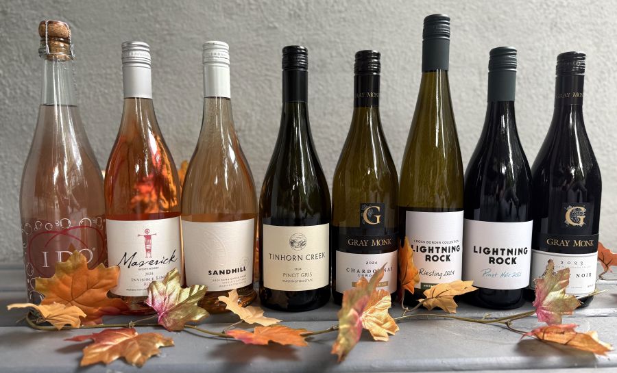 <who>Photo credit: Steve MacNaull/NowMedia Group</who>All these wines are Thanksgiving turkey friendly. From left, Intrigue 'I Do' Sparkling Rose ($26.50), Maverick 2024 Invisible Line Rose ($28), Sandhill Small Lot 2024 Sangiovese Rose ($30), Tinhorn Creek 2024 Pacific Northwest Collection Pinot Gris ($24), Gray Monk 2024 Limited Edition Unwooded Chardonnay ($21), Lightning Rock 2024 Cross Border Collection Riesling ($25), Lightning Rock 2021 Pinot Noir ($38) and Gray Monk 2023 Pinot Noir ($25).