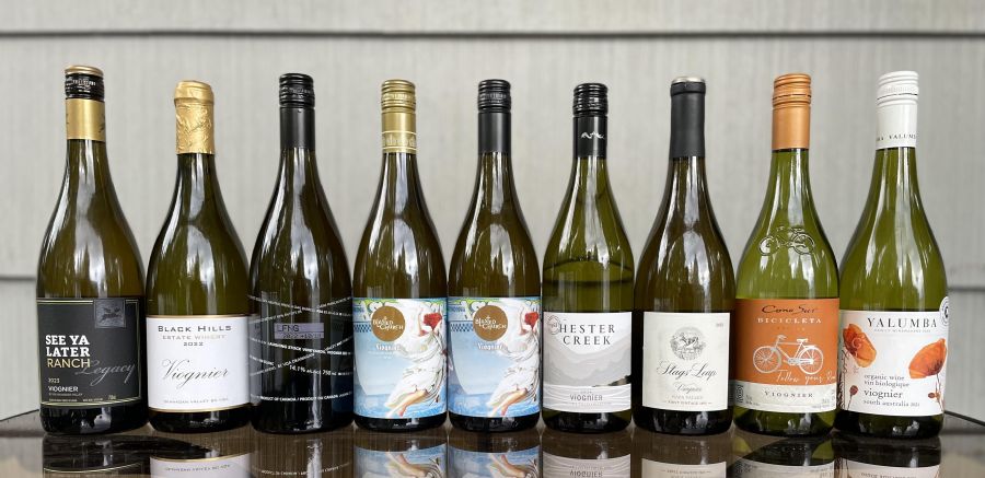 <who>Photo credit: Steve MacNaull/NowMedia Group</who>Excellent examples of Viognier. From left, See Ya Later Ranch 2023 Legacy ($28), Black Hills 2022 ($35), Laughing Stock 2022 ($28), Blasted Church 2023 ($24), Blasted Church 2024 ($24), Hester Creek 2024 Columbia Valley Collection ($24), Stags' Leap 2022 ($55), Cono Sur Bicicleta Reserva 2024 ($13) and Yalumba Organic 2021 ($28).