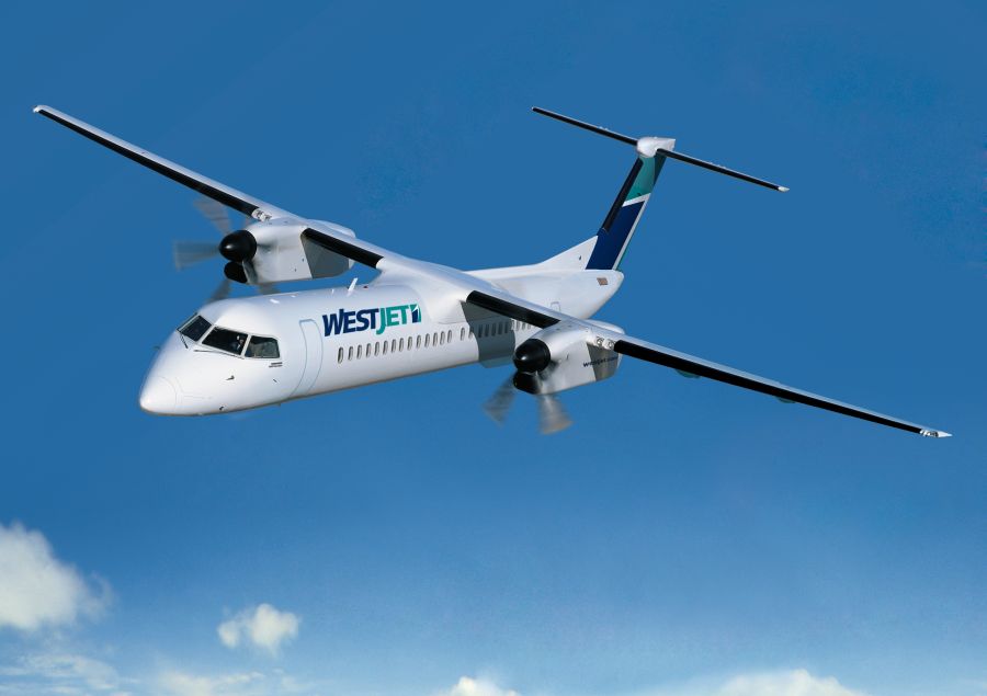 <who>Photo credit: WestJet</who>WestJet uses 78-seat Q400 turbo-propellor planes on the Penticton-Calgary route.