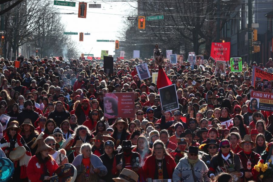 <who> Photo Credit: Alexandra Mehl-Local Journalism Initiative Reporter-Ha-Shilth-Sa</who>The streets of the Downtown Eastside were flooded with remembrance of murdered and missing Indigenous women, girls and gender diverse peoples on Feb. 14, 2023. 