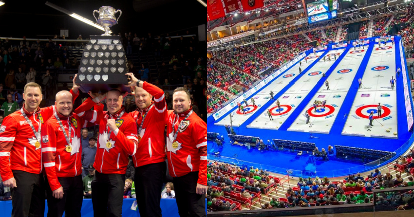 <who>Photo Credit: Curling Canada</who>(Left: Team Gushue hoists the trophy after winning their 3rd straight Brier in Regina last year.