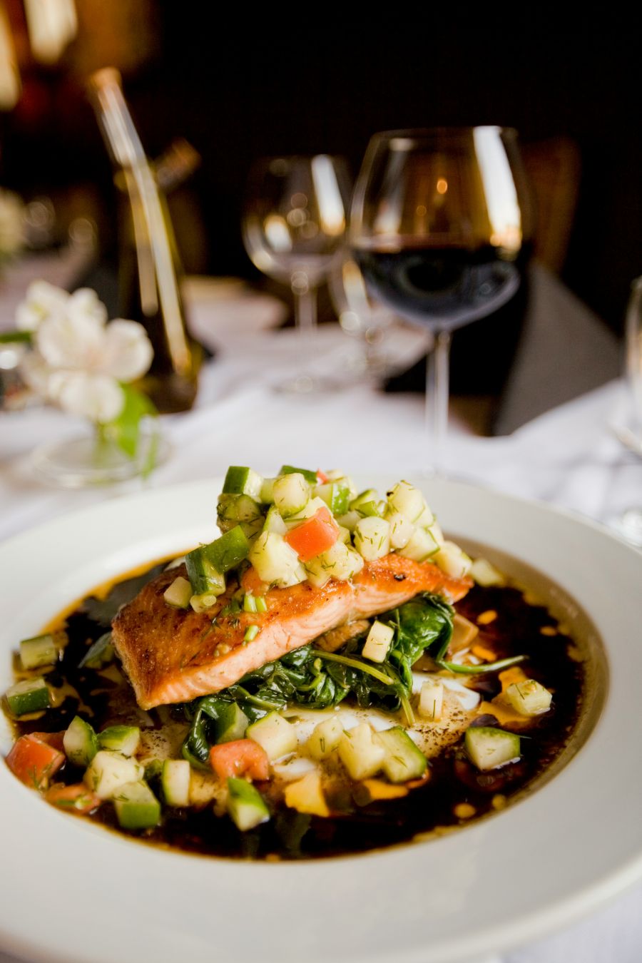 <who>Photo credit: Casey Lee on Unsplash</who>You can pair red, white, rose or sparkling wine with salmon, depending on the preparation and cooking of the fish.