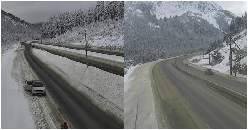<who> Photo credit: DriveBC </who> Two images showing the Coquihalla near the summit early this afternoon.