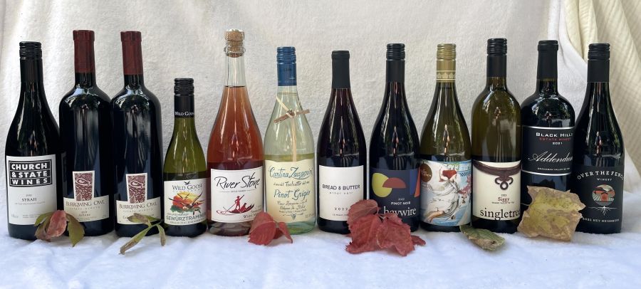 <who>Photo credit: Steve MacNaull/NowMedia Group</who>Fall into these wines. From left, Church & State 2019 Syrah ($34), Burrowing Owl 2021 Athene ($41), Burrowing Owl 2021 Cabernet Sauvignon ($43), Wild Goose 2021 Late Harvest Gewurztraminer ($24 for 375 ml bottle), River Stone 2023 Sparkling White Merlot ($28), Catina Zaccagnini 2023 Pinot Grigio ($23), Bread & Butter 2022 Pinot Noir ($21.50), Haywire 2022 Pinot Noir ($30), Blasted Church 2023 Viognier ($24), Singletree 2023 Siggy ($20), Black Hills 2021 Addendum ($60).