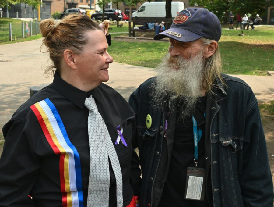 <who> Photo credit: Michelle Gamage/LJI </who> Dave Hamm, right, and Samona Marsh, left, of VANDU at Sunday’s event. ‘It’s not like we want free dope, just clean and regulated dope,’ Marsh says.