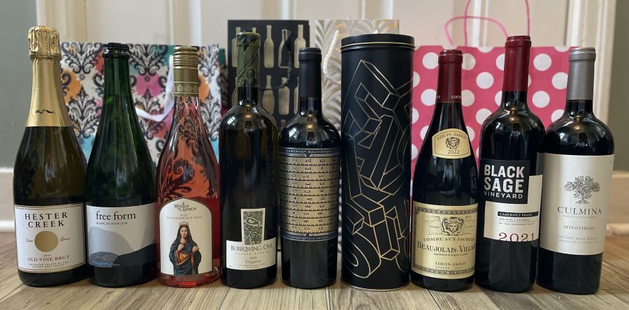 <who>Photo credit: Steve MacNaull/NowMedia Group</who>More great hostess gift options. From left, Hester Creek 2021 Old Vine Brut ($35), Free Form Blanc de Noir 2018 ($40), Blasted Church 2023 Blaufrankisch Rose ($26), Burrowing Owl 2022 Viognier ($40), Unshackled Cabernet Sauvignon by The Prisoner ($36) with gift tin, Louis Jadot 2022 Beaujolais-Villages ($27), Black Sage 2021 Cabernet Franc ($33) and Culmina 2018 Hypothesis ($50).