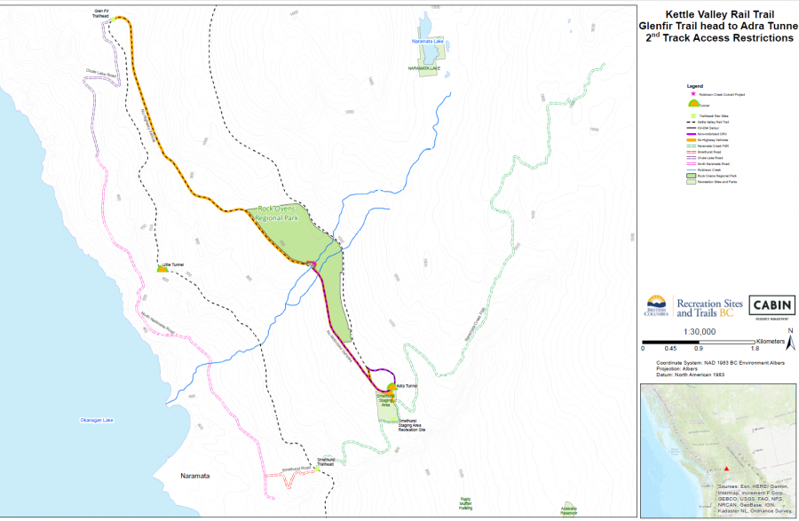 <who> Photo Credit: RDOS </who> A map showing access restrictions and detours. Signage and maps will be located at key locations along the trail corridor and official parking areas.
