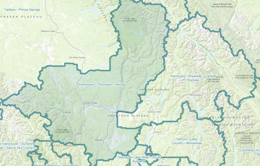 <who> Photo Credit: Federal Electoral Boundaries Commission </who> The two new Kamloops ridings.