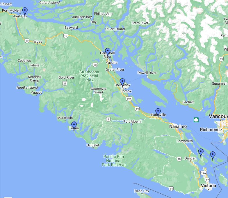 <who>Photo credit: Google Maps</who>Comox is located on the east coast of Vancouver Island, 115 kilometres north of Nanaimo and 220 kilometres north of Victoria.