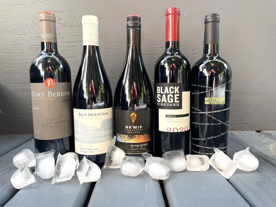 <who>Photo credit: Steve MacNaull/NowMedia Group</who>You can chill these red wines slightly for summer sipping. From left, Fort Berens Reserve Merlot 2021 ($42), Blue Mountain 2022 Estate Cuvee Pinot Noir ($35), Nk'Mip 2022 Qwam Qwmt Pinot Noir ($40), Black Sage 2020 Merlot ($32) and Laughing Stock 2021 Portfolio ($53).