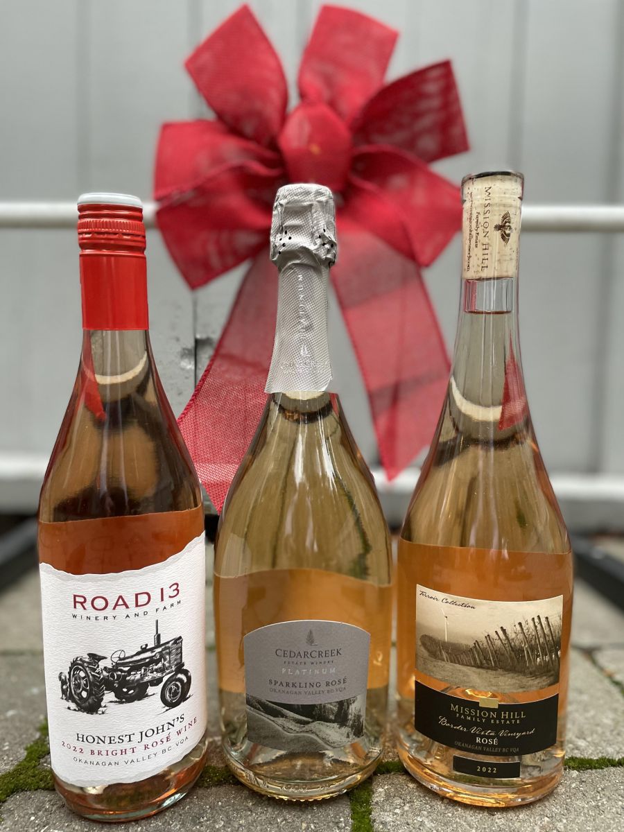<who>Photo credit: Steve MacNaull/NowMedia Group</who>You can't go wrong with rose as a hostess gift. Here are three prime choices, from left, Road 13 Honest John ($21), CedarCreek Platinum Sparkling ($42) and Mission HIll Border Vista ($38).