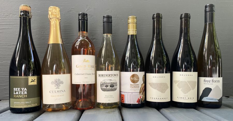 <who>Photo credit: Steve MacNaull/NowMedia Group</who>Bring out the seafood and these wines. From left, See Ya Later Ranch Sparkling Brut ($23), Culmina Perle de Rose Sparkling ($35), Gold Hill Cabernet Franc Rose 2022 ($30), Bordertown 2023 Pinot Gris ($20), Blasted Church 2023 Unorthodox Chardonnay ($22), Solvero 2022 Chardonnay (30$), Solvero 2020 Pinot Noir ($35) and Free Form 2020 Riesling ($35).