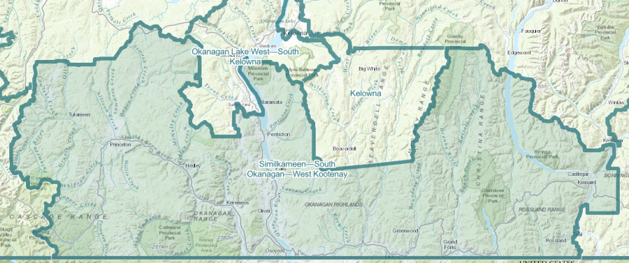 <who> Photo Credit: Federal Electoral Boundaries Commission </who> The Similkameen–South Okanagan–West Kootenay.