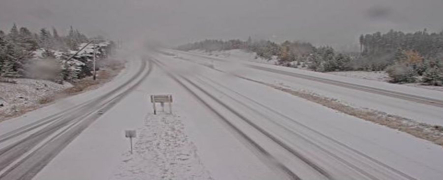 <who>Photo Credit: DriveBC webcam</who>Snow on Hwy 97C between Kelowna and Merritt around 9:35 am.