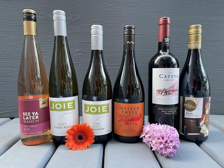 <who>Photo credit: Steve MacNaull/NowMedia Group</who>Enjoy spring with one, or all, of these wines. From left, See Ya Later Ranch 2022 Nelly Rose ($17), Joie 2023 A Noble Blend ($29), Joie 2023 Un-Oaked Chardonnay 2023 ($30), Hester Creek 2022 Viognier ($24), Catena Malbec 2021 ($27) and Blasted Church 2021 Syrah ($32).
