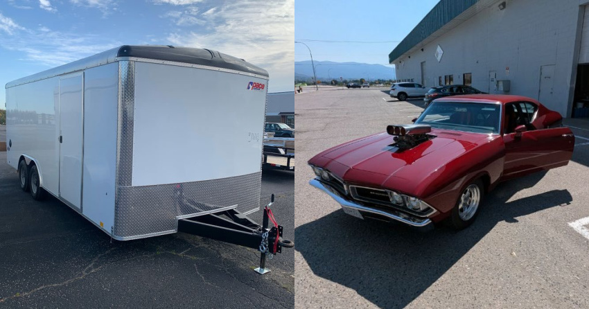<who>Photo Credit: RCMP</who>The stolen trailer and muscle car.