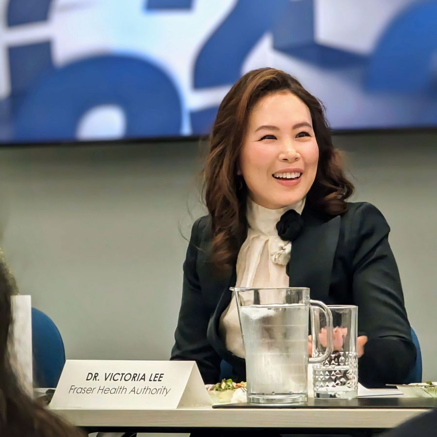 <who>Photo Credit: Business Council of British Columbia</who>Dr. Victoria Lee speaks at a BCBC roundtable discussion in 2024.