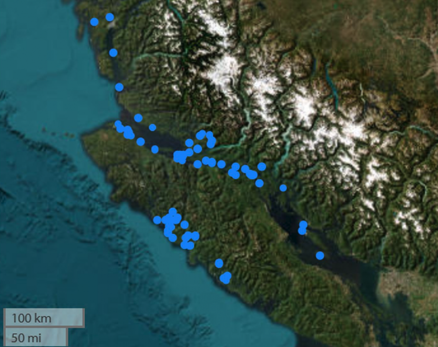 <who> Photo credit: Province of BC </who> This map of Vancouver Island and the B.C. coast shows the 77 sites the National Outdoor Leadership School (NOLS) would like the province to grant permissions to camp on for sea kayaking expeditions.