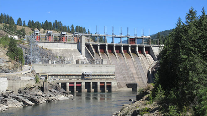 <who>Photo credit: BC Hydro</who>BC Hydro has 30 hydroelectric plants (dams) that harness moving and falling water to produce electricity.